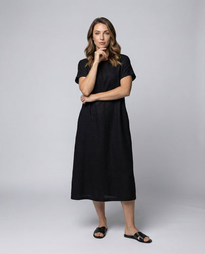 Damen Leinenmix-Midikleid Schiffsausschnitt