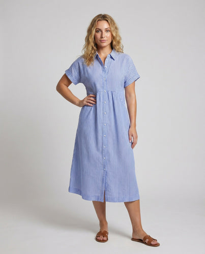 Damen Klassische Gestreifte Leinen-Mix Hemdkleid