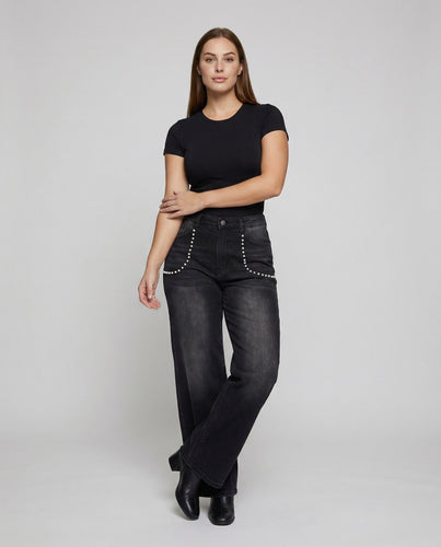 Damen Elegante Dekorative Perlen Details Denim Denim Palazzo-Hose