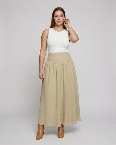 Damen Fließender Feiner Geraffter Leinenlook A-Linie Maxirock