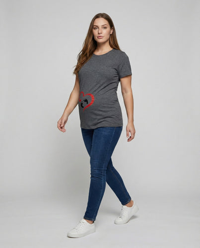 Frauen Verspielt Herz Baby Fußabdruck Baumwollmischung Schwangerschaft T-Shirt