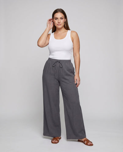 Damen Rustikal Tiefe Seitentaschen Leinenlook Hochbund Loungehosen