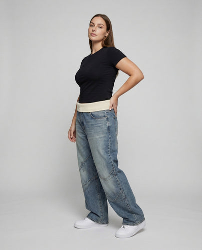 Damenmode Kurvige Dekorative Naht Jeans mit Denim-Einsatz