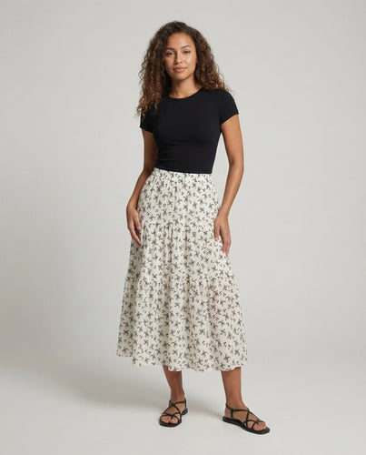 Frauen Romantische Feine Florale Muster Chiffon Gestufter Schwingrock
