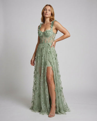 Damen Corsagen-Maxikleid Tüll Beinschlitz Blatt-Design