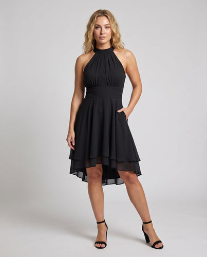 Damen Neckholder-Kleid Chiffon-Volant Stufensaum