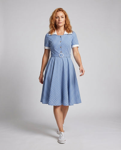 Damen Retro Swing Kleid Ausgestellter Rock Kontrastkragen Gürtel