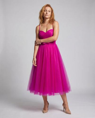 Frauen Tüll Midi Kleid Herz-Ausschnitt Glockenrock Raffung