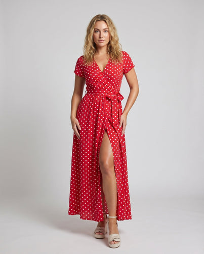 Damen Wickel-Maxi-Kleid V-Ausschnitt Beinschlitz Elastischer Bund