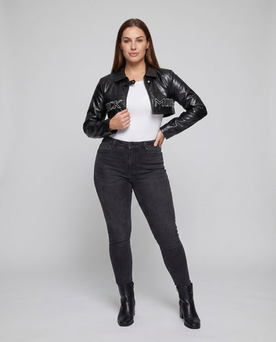 Damen Biker Blazer Kunstleder Cropped Schriftzug Anwendung