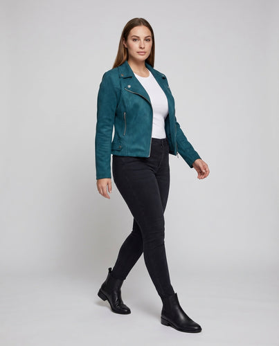 Damen Bikerjacke Suede Look Asymmetrisch Dekorative Knöpfe