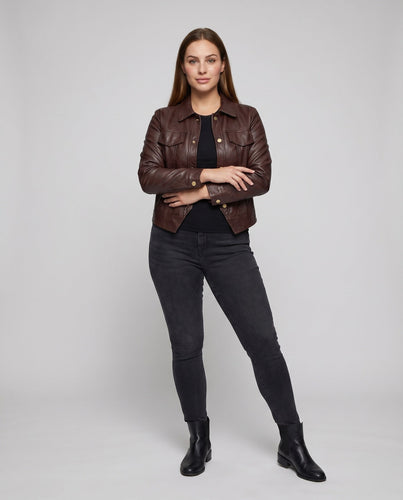 Damen Kunstleder Blouson Arbeitsjacke Stil Klappentaschen