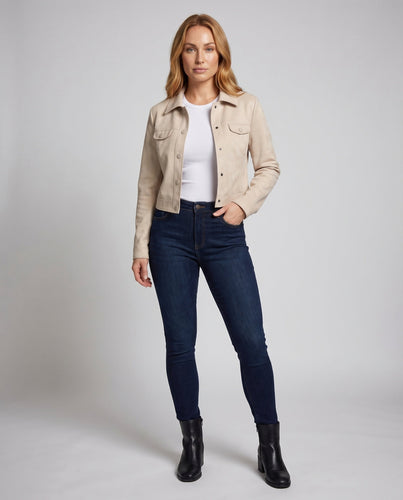 Damen Truckerjacke Wildlederoptik Klappentaschen Druckknopfleiste