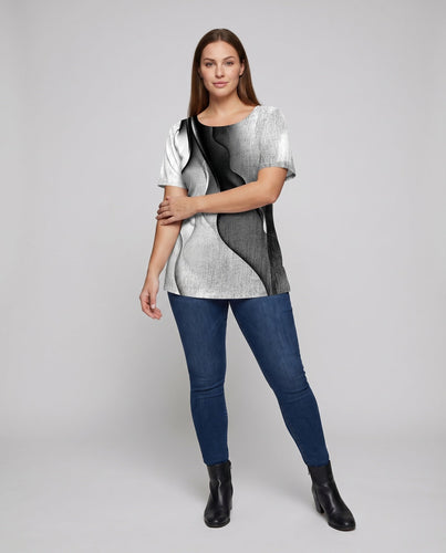 Damen Tunika-Langarm Shirt Schmetterlingsdruck Glitzer Effekt Rundhals