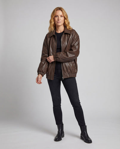 Damen Faux Leather Blouson Oversized Hemdkragen Elastischer Bund