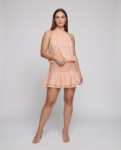 Damen Falten Mini Kleid Hoher Kragen Rüschensaum Rückenfrei