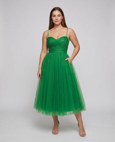 Damen Tüll Midi Kleid Herz Ausschnitt Raffung Oberteil