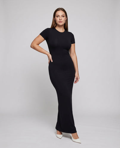 Damen Jersey Maxi Kleid Kurzarm Stretch Nahtlos