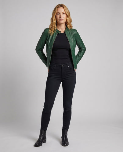 Damen Lederjacke Biker Stil Stehkragen Reißverschluss