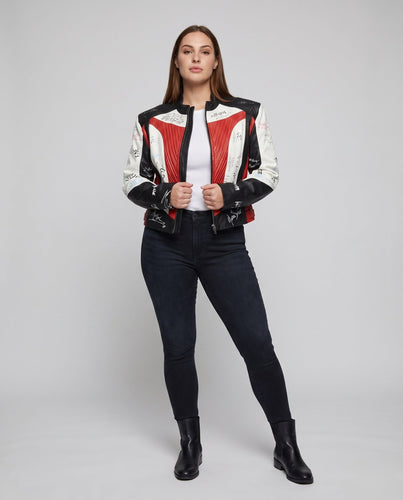 Damen Motorsport Bomberjacke Lederstruktur Schulterpasse Druckmotive