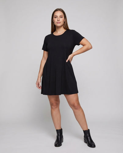 Damen A-Linien kurzes Kleid Rundhalsausschnitt Gehschlitze kurze Ärmel