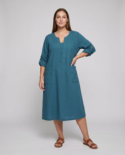 Damen Leinenkleid V-Ausschnitt Aufgesetzte Taschen Aufgeschlagene Ärmel