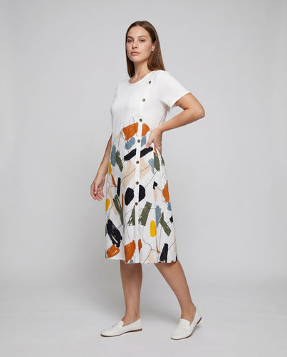Damen A-Linien Midi Kleid bedruckter Rock runder Hals kontrastierendes Oberteil