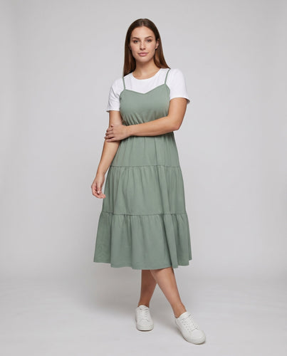 Frauen Alltags Geschichtete Kleid Taille Raffung Rüsche Rock Spaghetti Träger