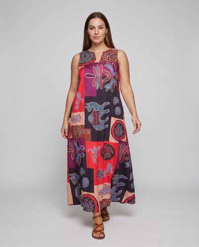 Damen Ärmelloses Maxi-Kleid Patchwork-Muster Ausgestellter Saum A-Linie