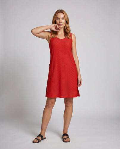 Frauen Ärmelloses Sommerkleid Lochmuster Seitentaschen Seitenschlitz