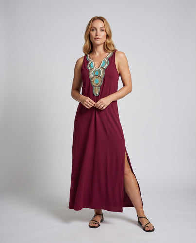 Damen Ärmelloses Boho Maxi Kleid Brustbestickung Oberschenkel-Schlitz V-Ausschnitt