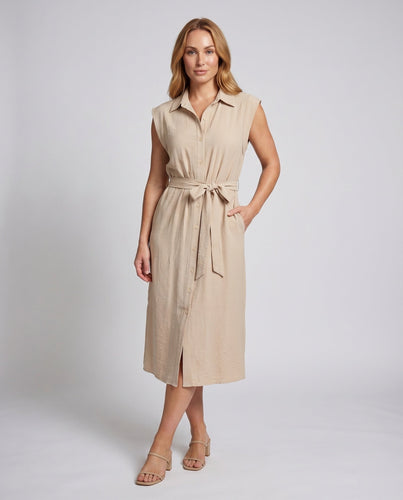 Damen Hemdkleid mit Taillengürtel Knopfleiste Ärmellos