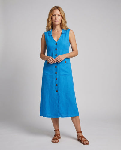 Damen Leinen Midi Kleid Holzknopf-Leiste Seitentaschen Reverskragen