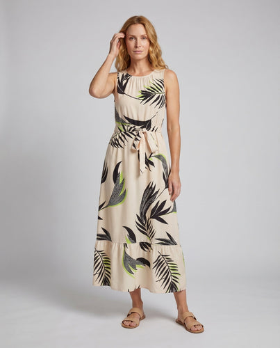 Damen Ärmelloses Maxi-Kleid Taille Gürtel Gestuften Rüschen Rundhalsausschnitt