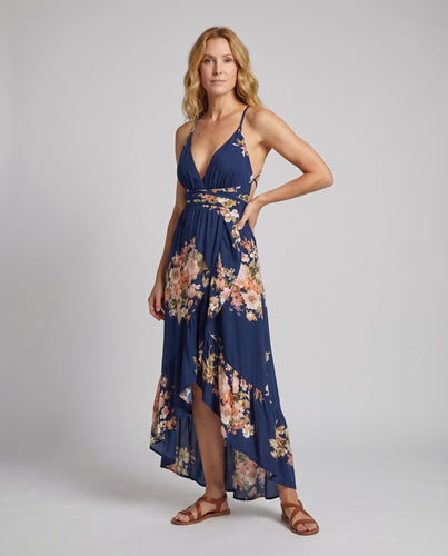 Damen Ärmelloses Maxi-Kleid Wickel-Optik Taillengürtel Beinschlitz