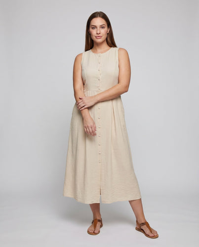 Damen Ärmelloses Midi-Kleid Knopfleiste Taillierte Passform Seitentaschen