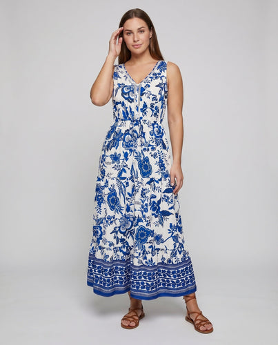 Frauen Ärmelloses Midi-Kleid V-Ausschnitt Schichtenrock Kordelzug Taille