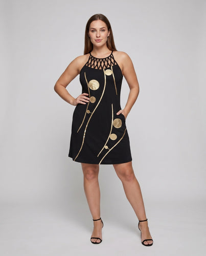 Damen Ärmelloses Mini-Kleid Netzkragen Asymmetrischer Saum Dekorative Kreise