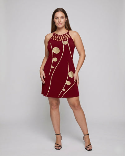 Damen Halter Mini Kleid Gitter Ausschnitt Asymmetrischer Saum Kreisapplikationen