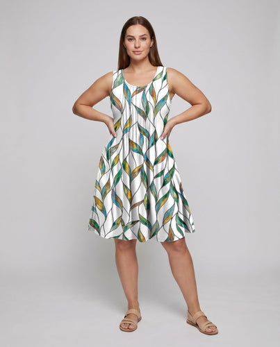 Damen Swing Midi Kleid Blattdruck Seitentaschen Viskose Mix
