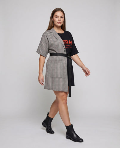 Damen Blazer-Hemd Kleid Asymmetrische Wickelgürtel Aufgesetzte Taschen