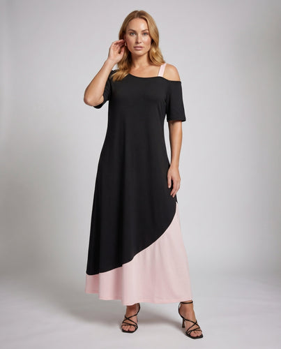 Damen Layered Maxi Kleid Cut-Out Schulter Einseitiger Träger Asymmetrisch