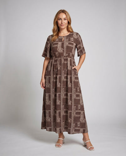 Damen Maxi Kleid Patchwork Muster Empire Taille Schlüsselverschluss Ausschnitt