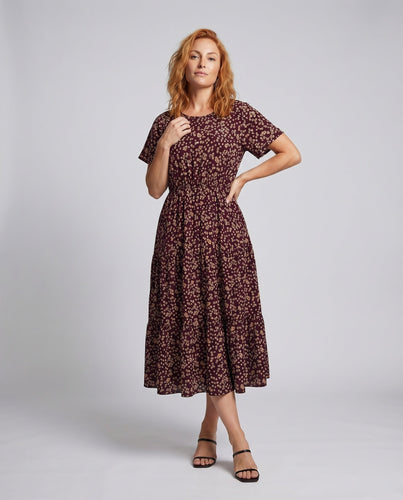 Damen Fließendes Midi-Kleid Elastischer Bund Geschichteter Saum
