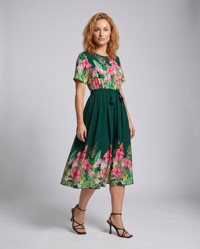 Damen A-Linien Kleid Tropisches Blumenmuster Saumband Kurze Ärmel