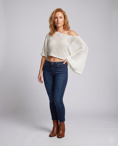 Damen Strickpullover Asymmetrische Schulter Fledermausärmel Crop
