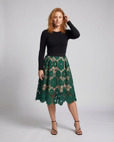 Damen Spitzen-Midi-Rock 3D Blumen A-Linie Elastischer Bund