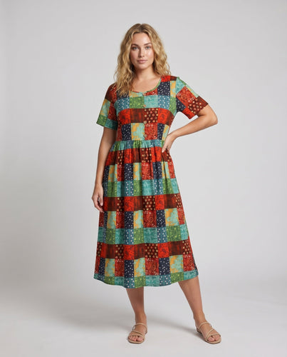Damen Boho Patchwork Mid Kleid Kurzer Knopfverschluss Übergroße Ärmel