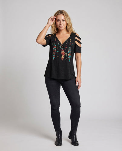 Damen Tunika Oberteil Boho Print Cut-Out Ärmel Reißverschluss Ausschnitt
