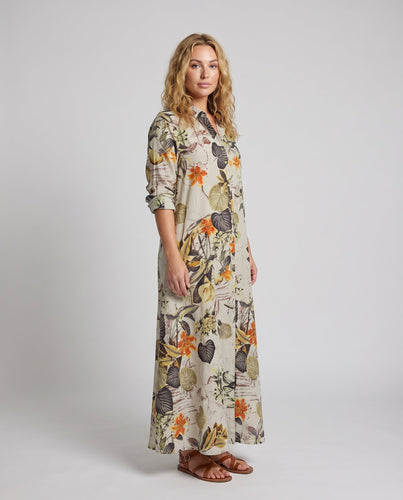 Damen Shirt-Maxikleid Botanischer Druck 3/4 Ärmel Seitentaschen